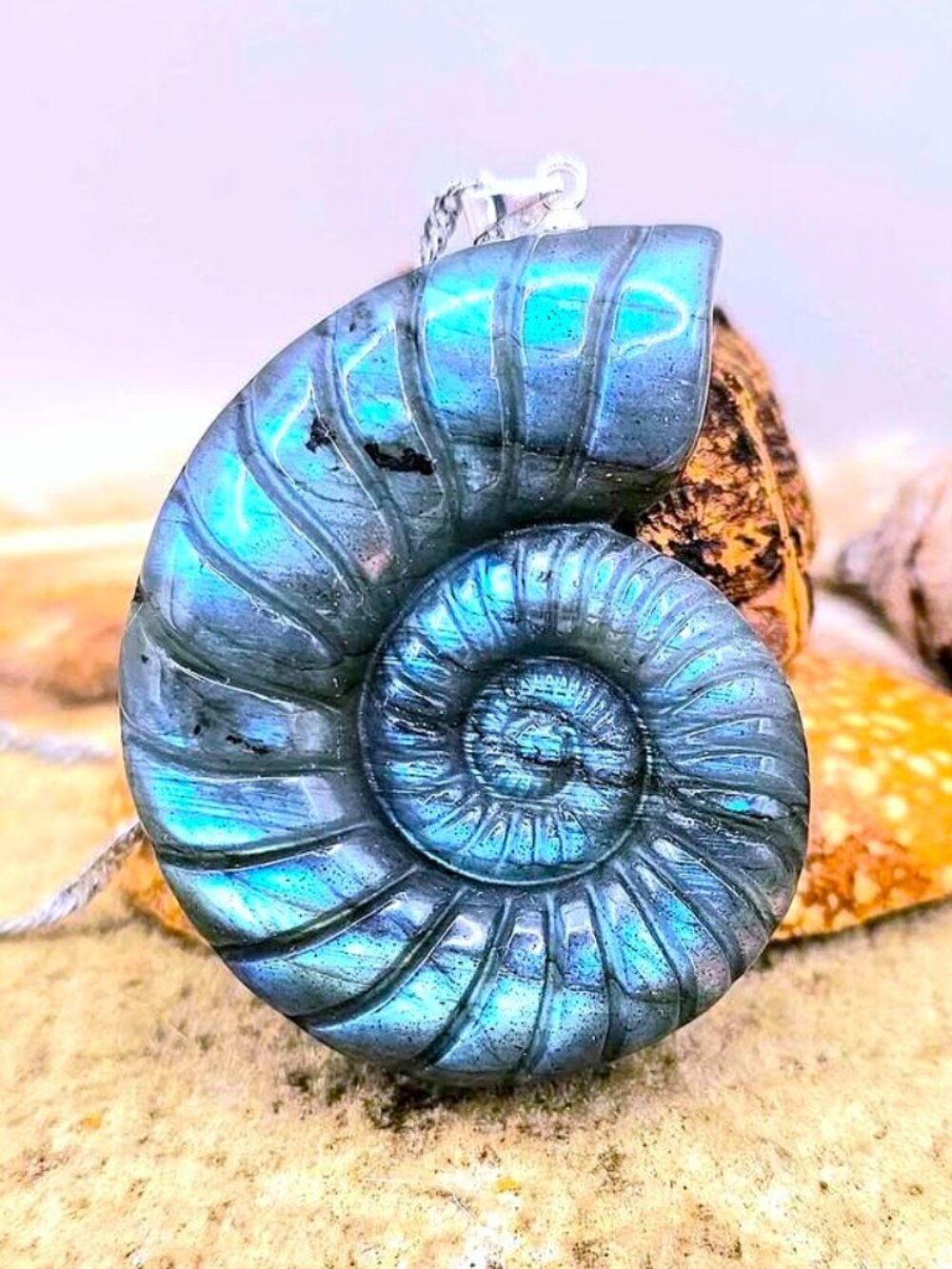Natural Labradorite Carved Conch Shell Pendant Necklace